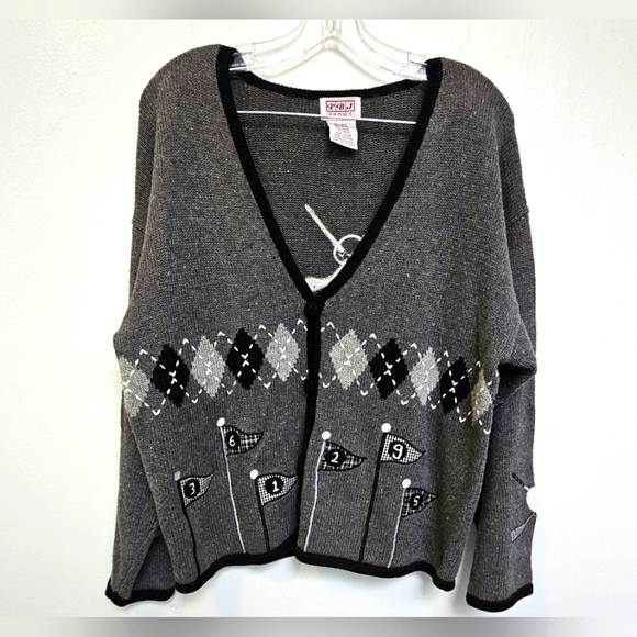 Vintage PBJ Sport Large Golf Cottage Core Open Cardigan 100% Wool Hand Knit - Picture 1 of 9